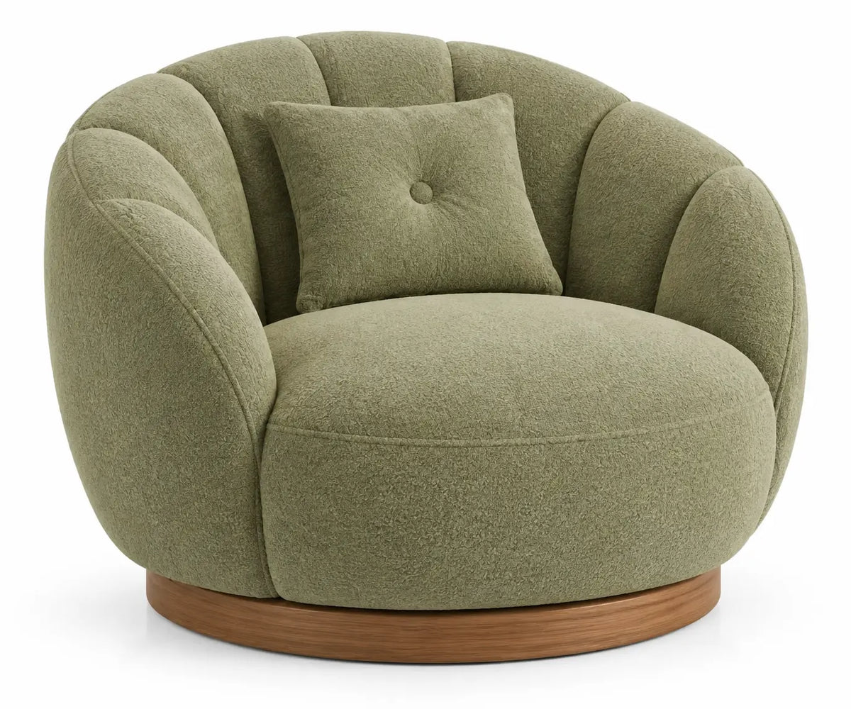 Sillón tapizado de líneas curvas de contorno redondeado, verde y marrón