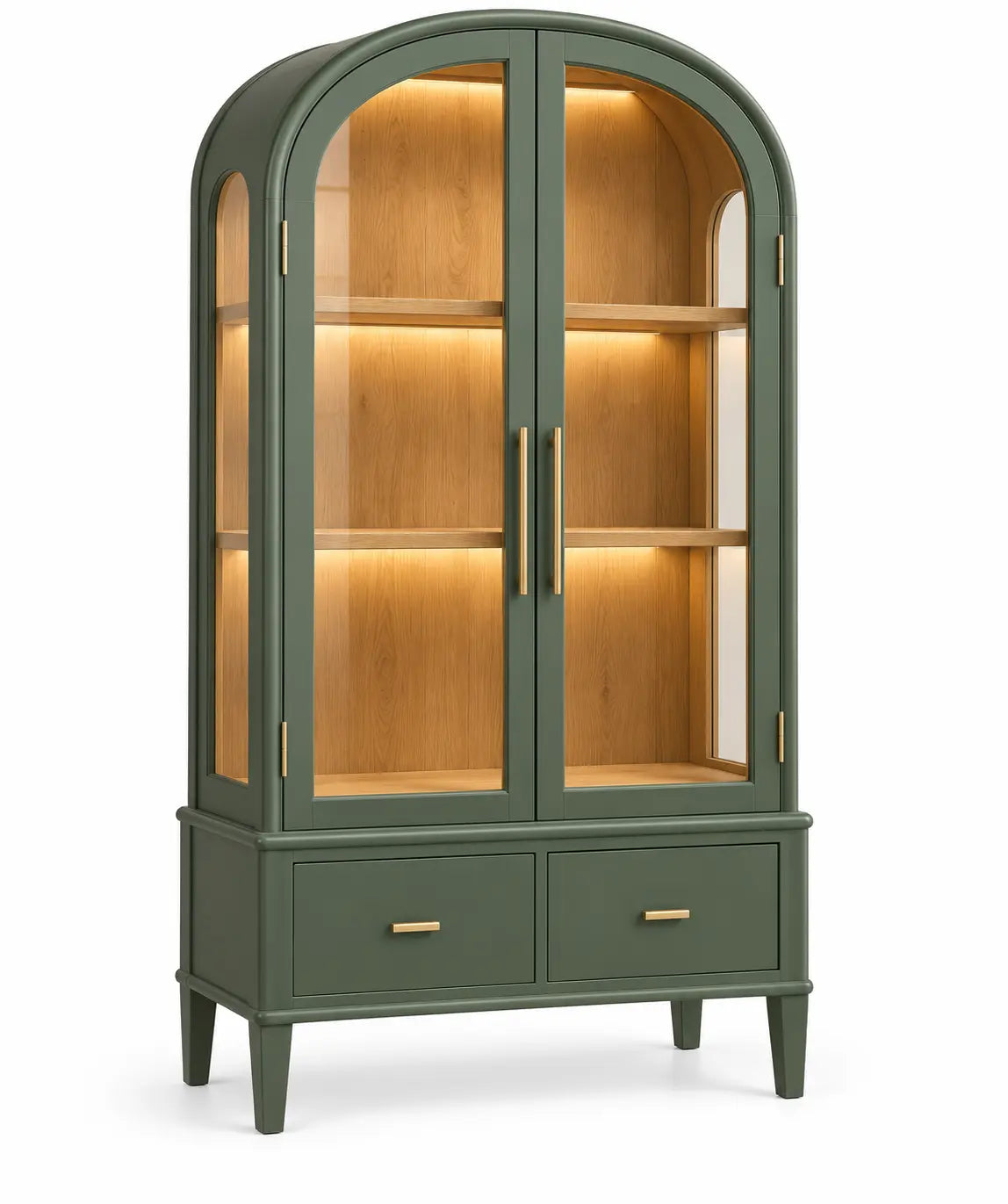 Vitrina de almacenamiento con formas arqueadas, verde y marrón