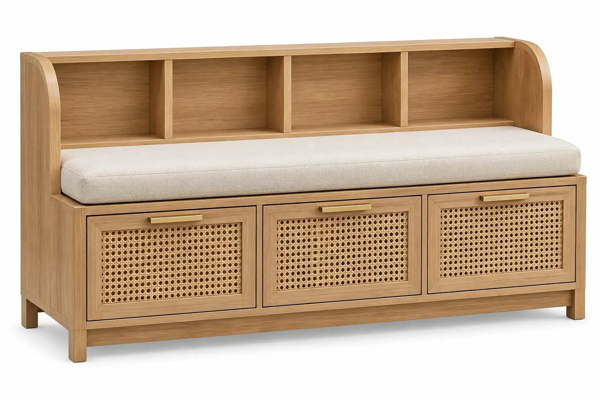 Banco con asiento acolchado con detalles de entramado y estantes, marrón y beige