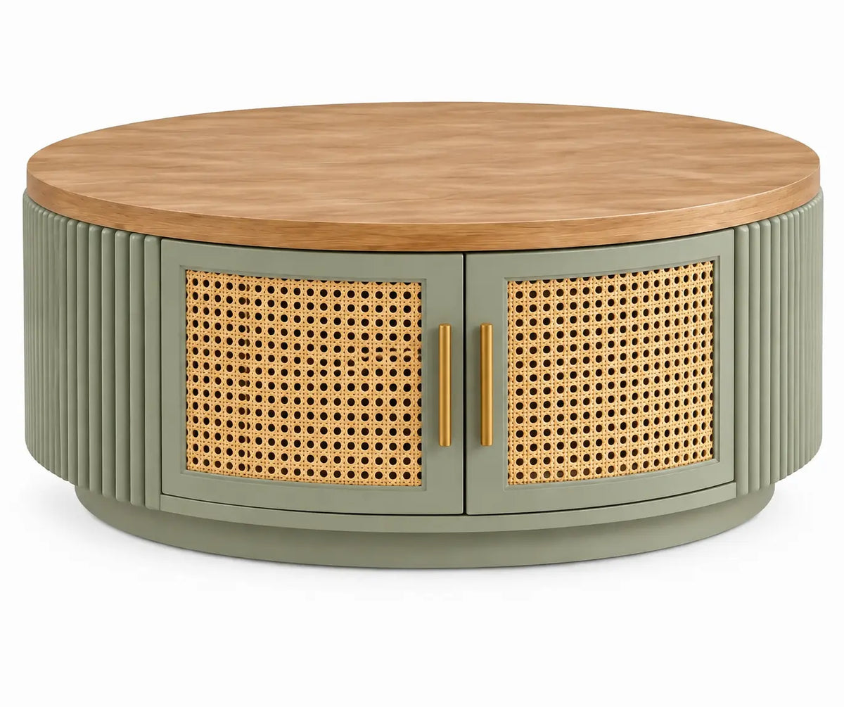 Mesa de centro de contorno redondeado, verde y marrón