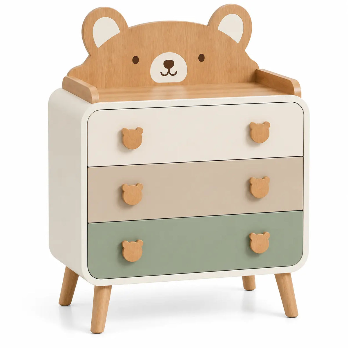 Cómoda con cajones con motivo de oso, marrón, blanco y verde