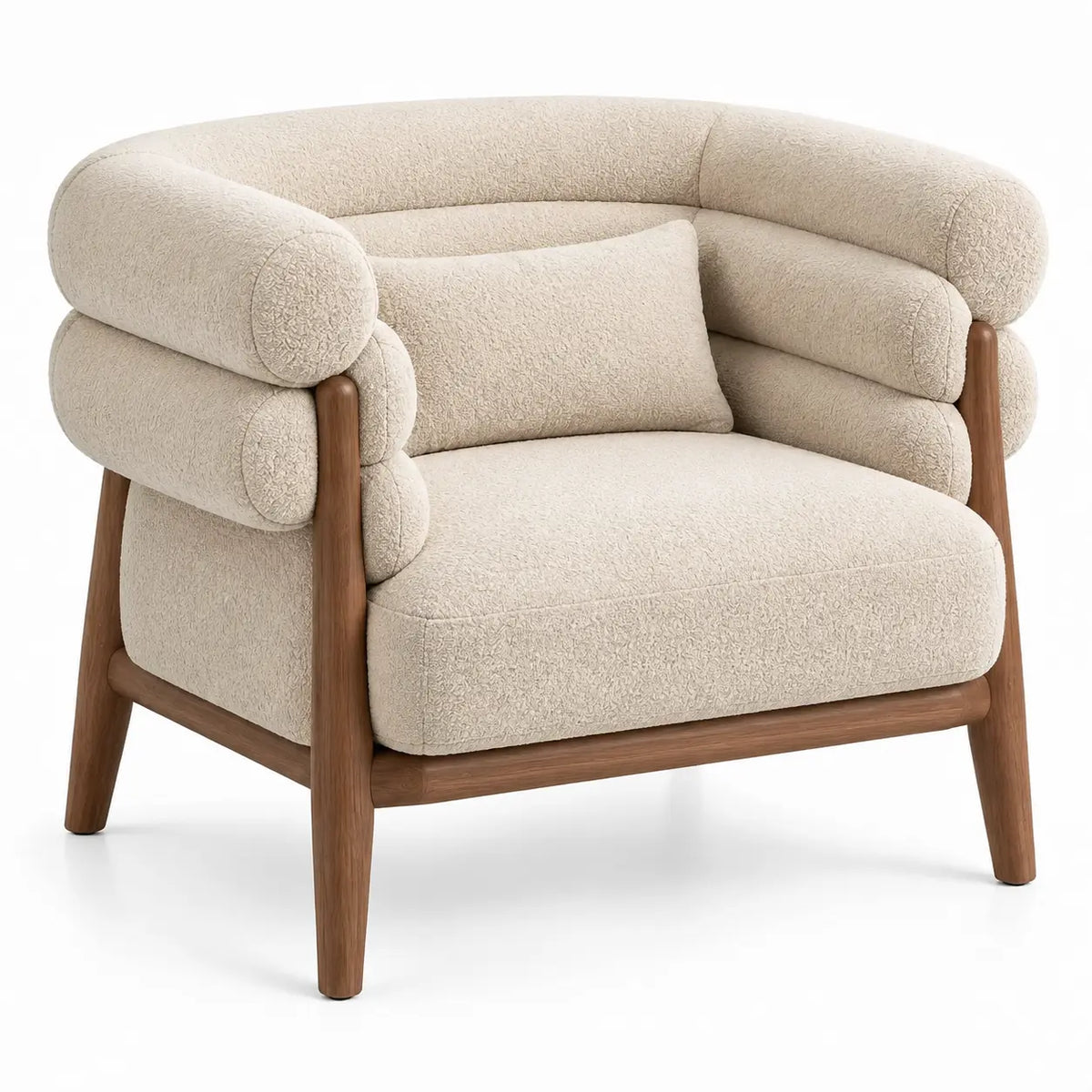 Sillón tapizado de contorno redondeado, beige y marrón