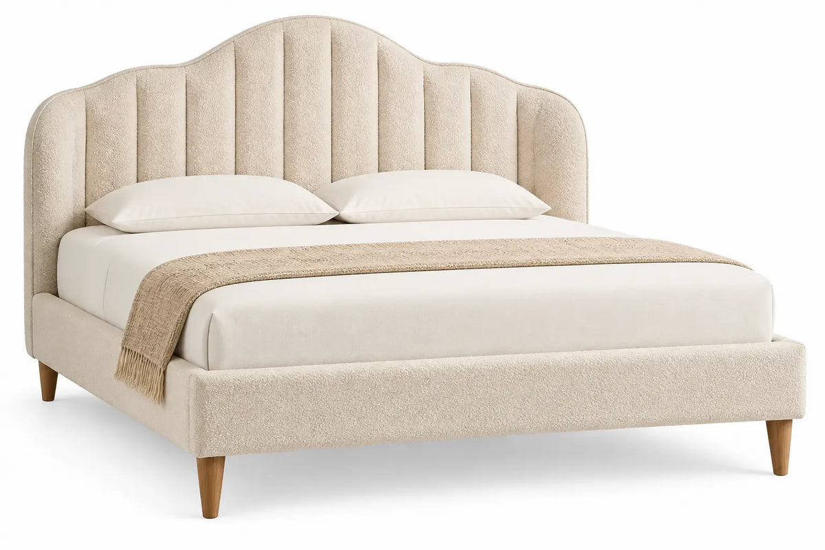 Estructura de cama con cabecero de contorno redondeado, beige y marrón