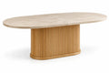 Mesa de comedor de contorno redondeado, beige y marrón