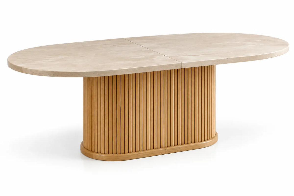 Mesa de comedor de contorno redondeado, beige y marrón