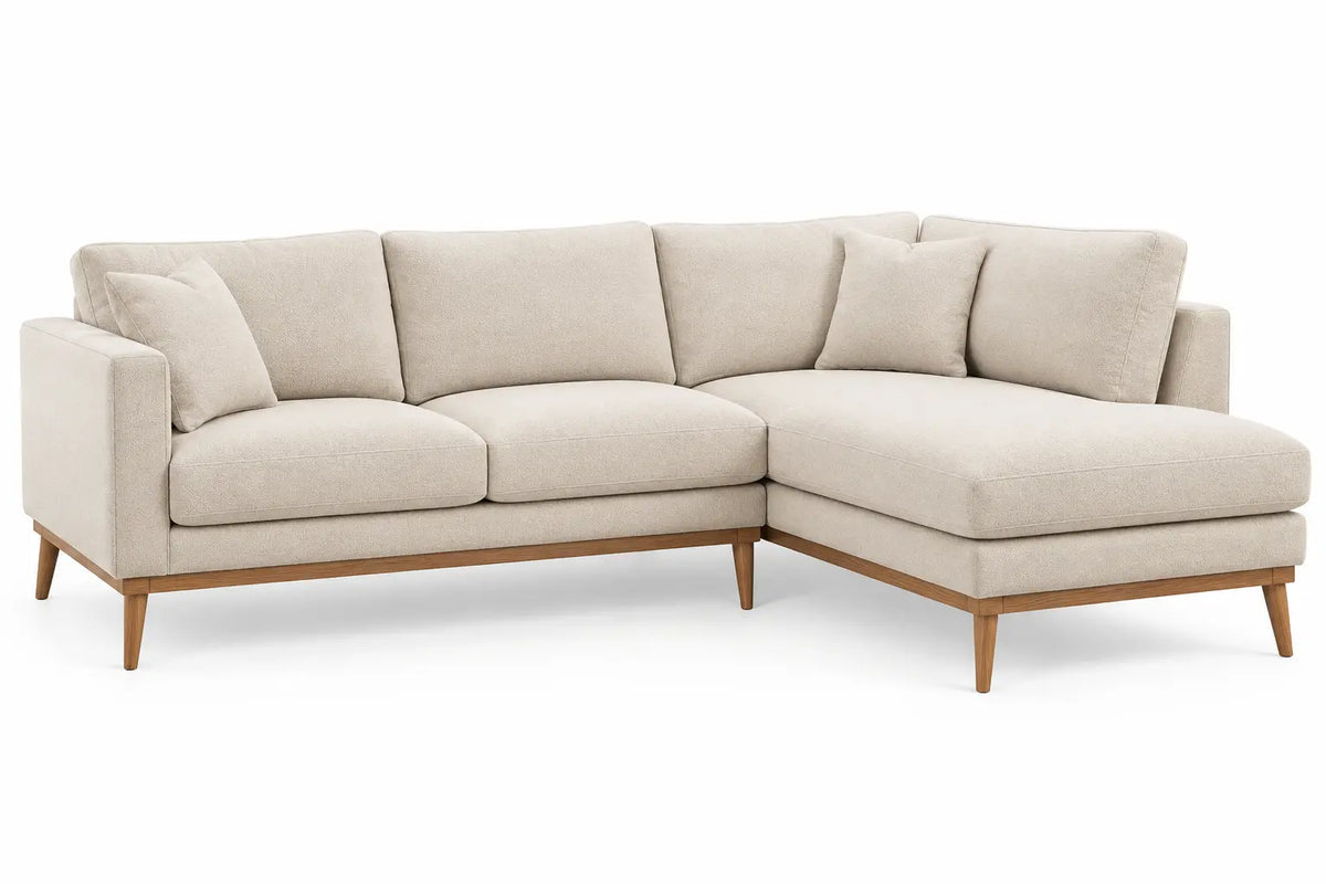Sofá esquinero tapizado con patas elevadas, beige y marrón