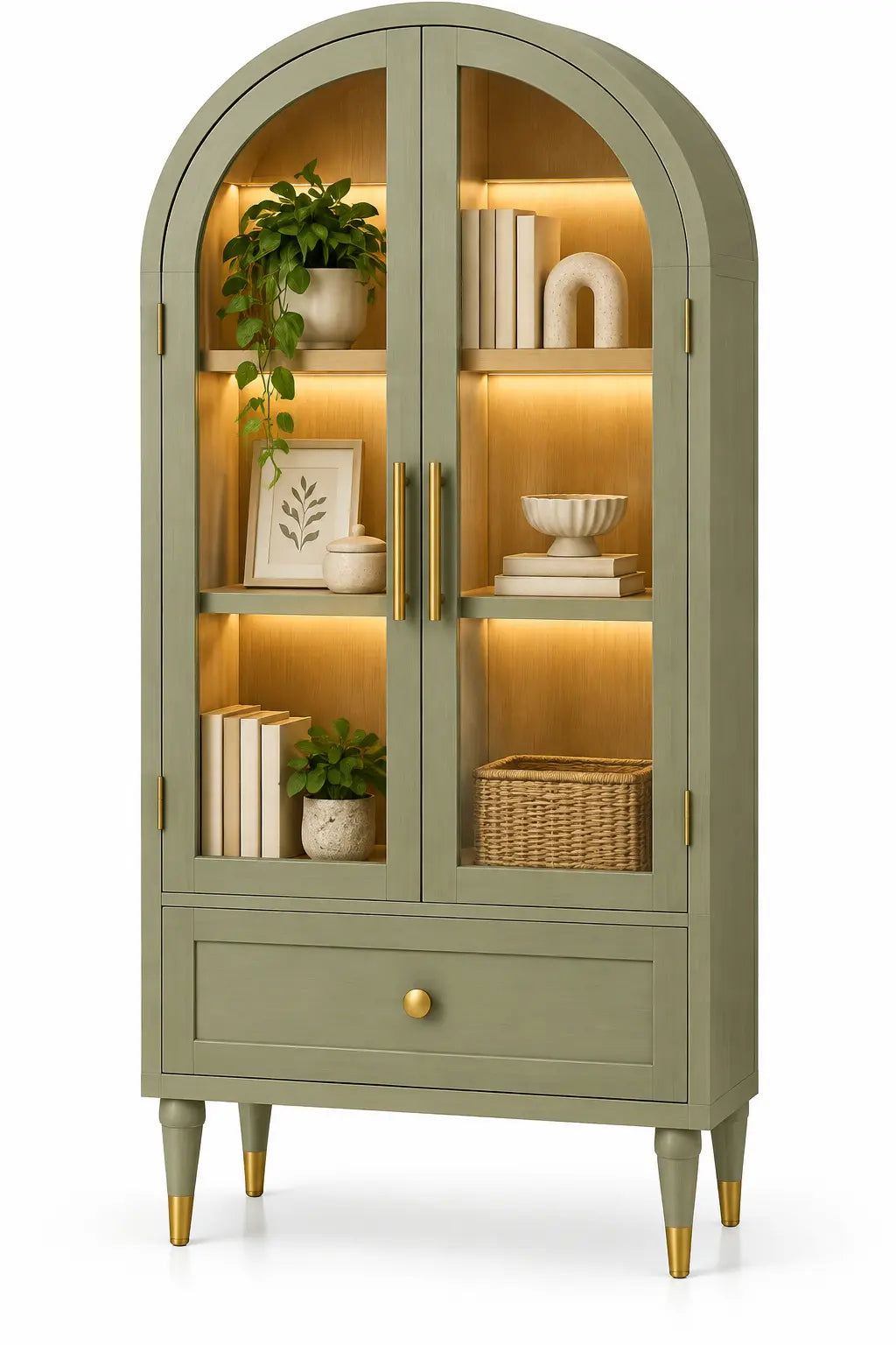 Vitrina de almacenamiento con formas arqueadas, verde y marrón
