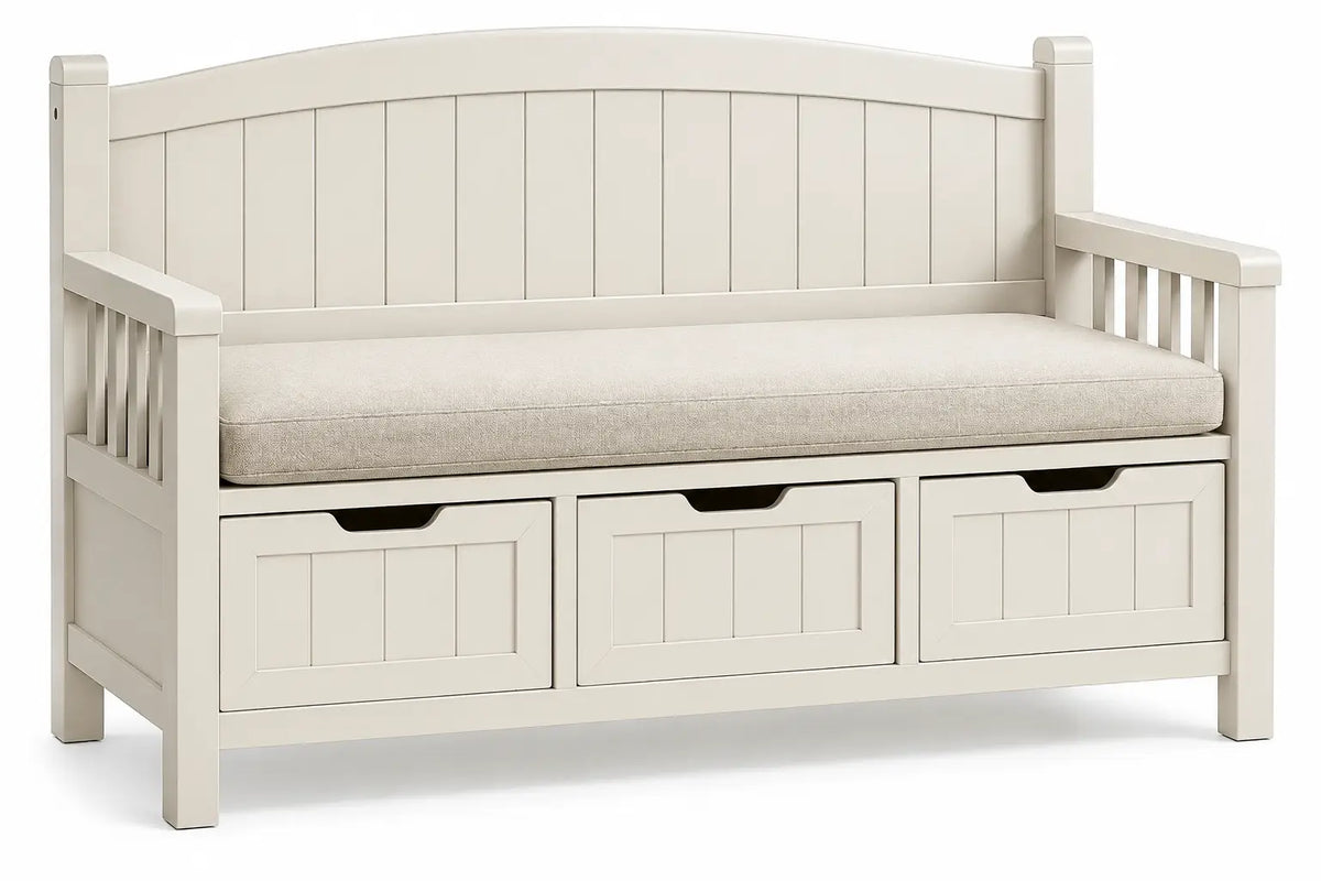 Banco con asiento acolchado con detalles de líneas verticales y cajones, blanco y beige